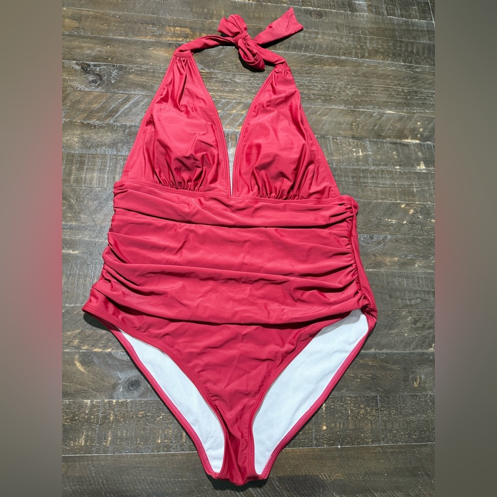 NWT Cupshe Burgundy Wine Tummy Control Halter Onepiece Bathing Suit Swimwear XL - Picture 2 of 13